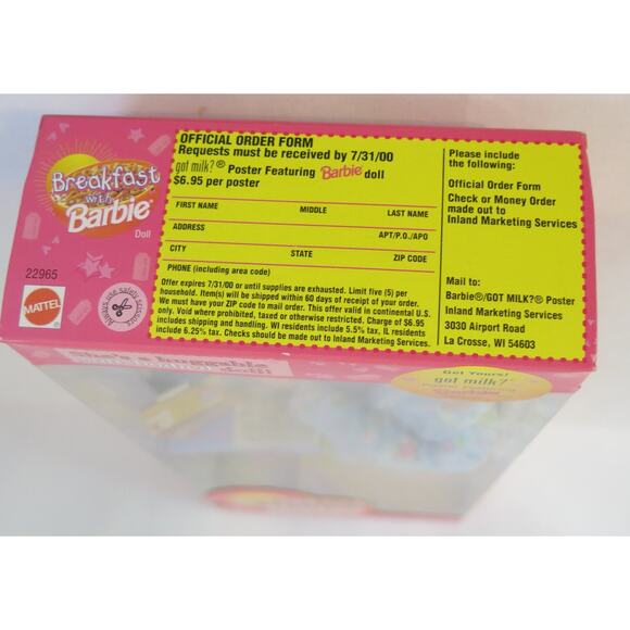 VINTAGE 1999 Breakfast With BARBIE 22965 Soft Bodied Doll New In Box Caucasian - Picture 9 of 10